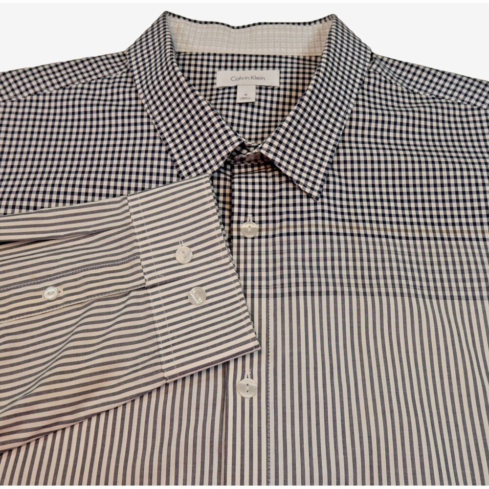 Calvin Klein Long Sleeve Shirt Mens XL Mash-up of Plaid and Stripe Cotton Shirt